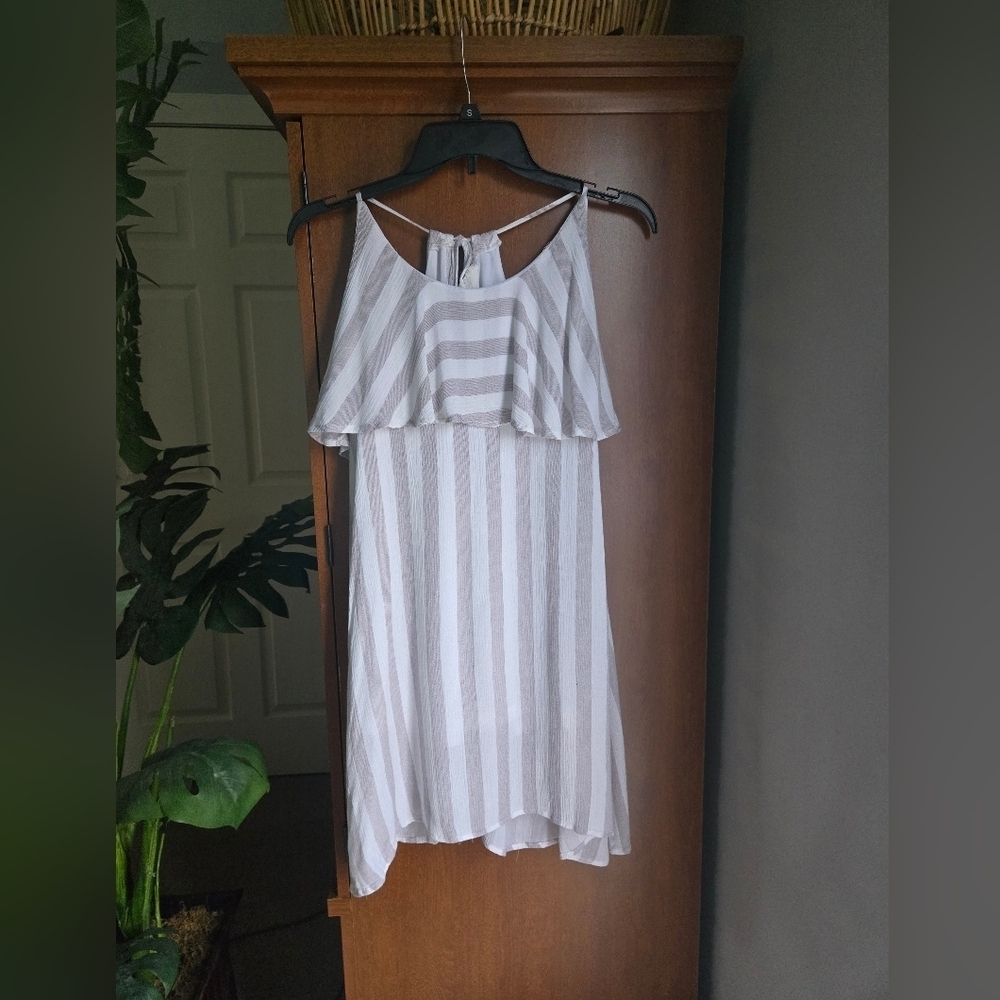 Salty Lemon By Exist Dress Grey And White Striped Large Asymmetrical Mini